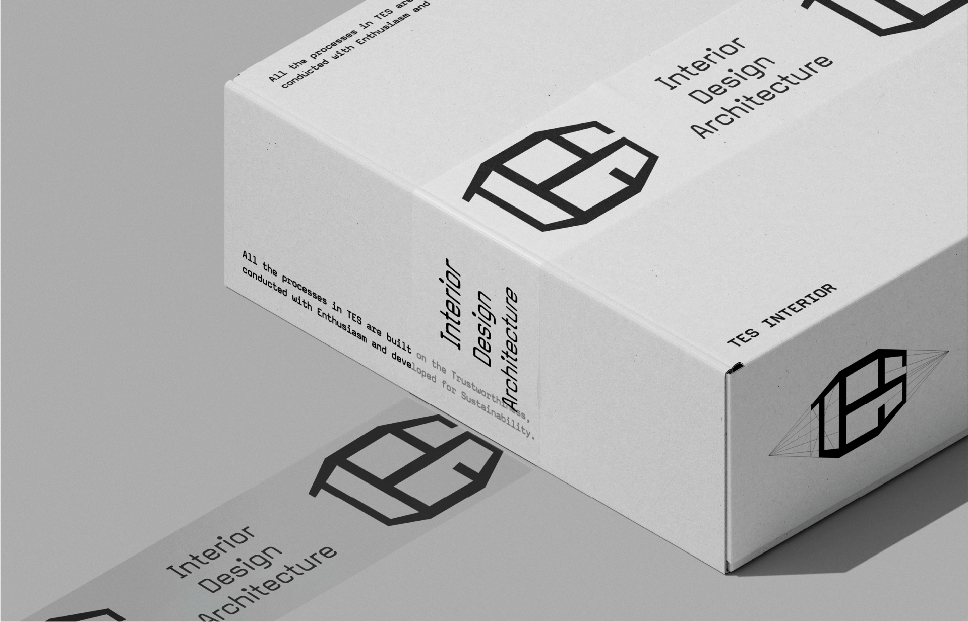 tes 디자인(tes design)의 로고가 적용된 세련된 화이트 패키지 박스와 브랜드 아이덴티티를 담은 박스 테이프 굿즈 디자인